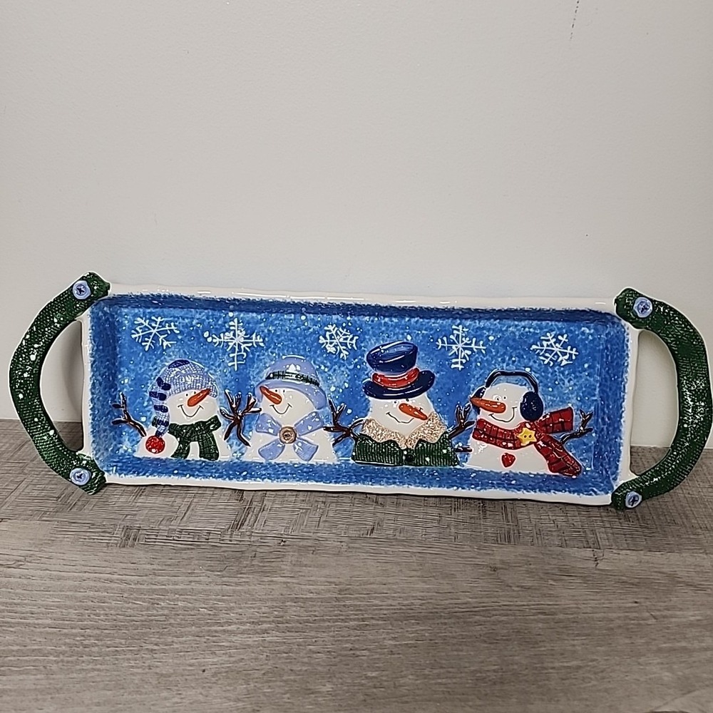St. Nicholas Snowmen Square Button Up 16" Rectangle Treat Tray Cookie Platter